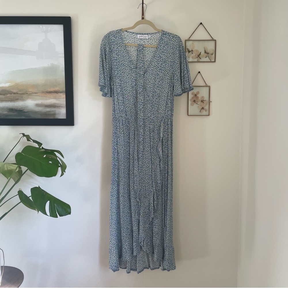 Petal & Pup Light Blue Floral Wrap Tie Dress